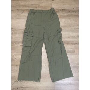 HG Pants Womens Sz S Military Green Linen Blend Cargo Wide Leg High Rise Pockets